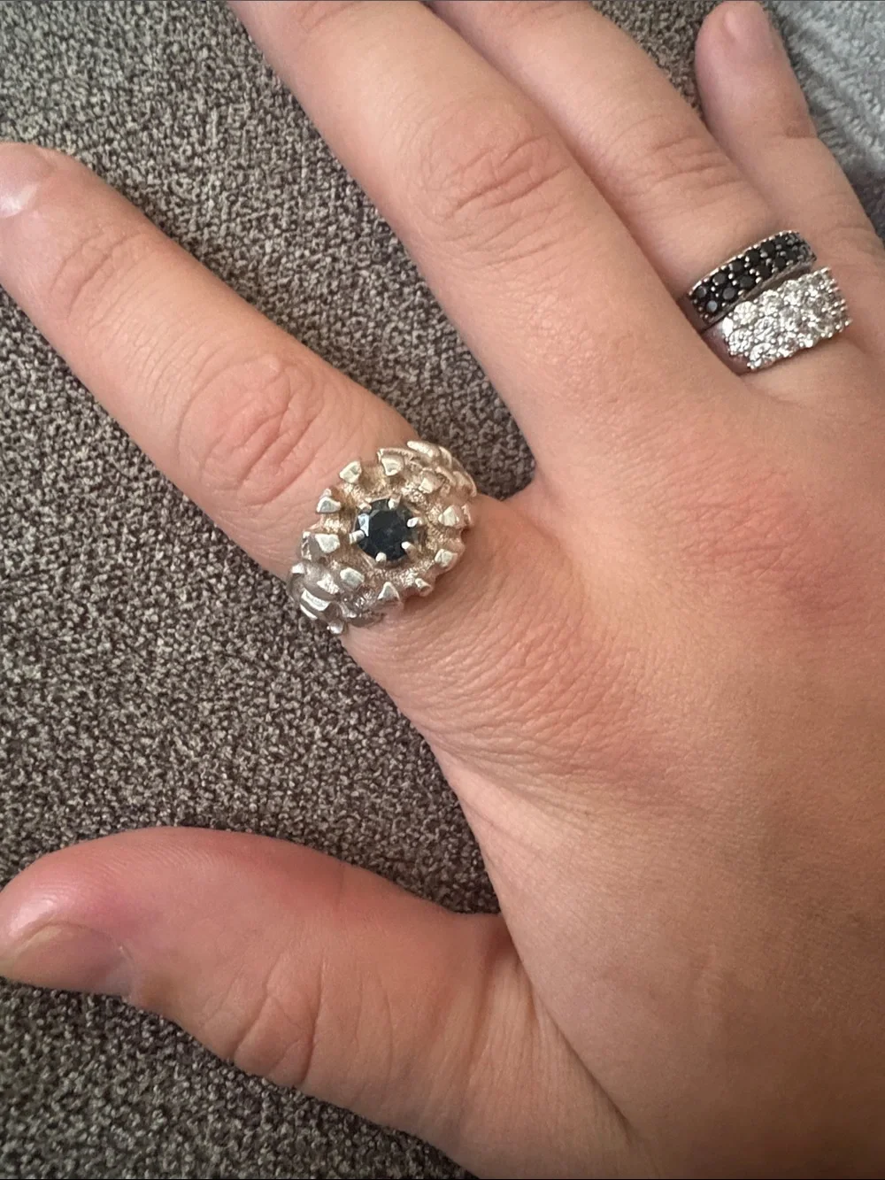 Sterling silver nugget ring with 1.03ct blue diamond center and .25 ct whites